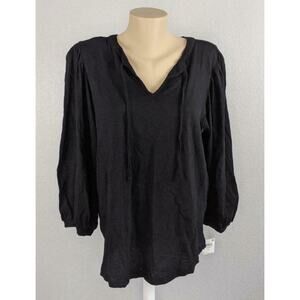 Style & Co Blouse 0X Balloon Sleeve Tassel Ties Black Split Neck Career Layering